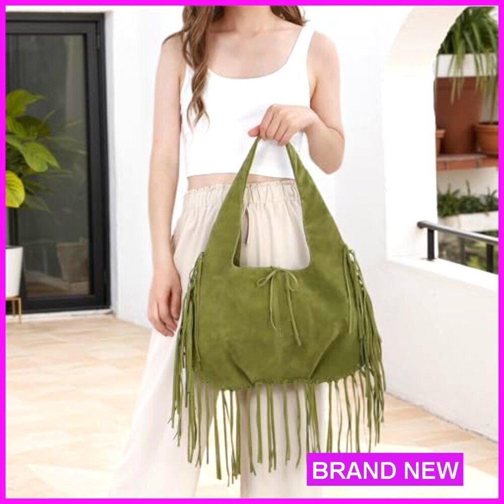 Vegan Faux Suede Hobo Bag with Fringe Tassel Shoulder Purse - Picture 2 of 7